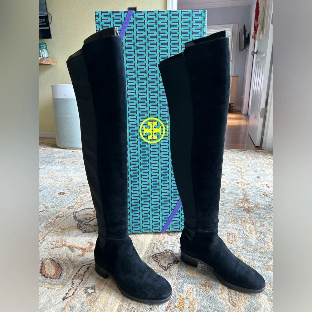 NIB Tory Burch Black Caitlin Stretch Over the Knee Suede/Neoprene Boots